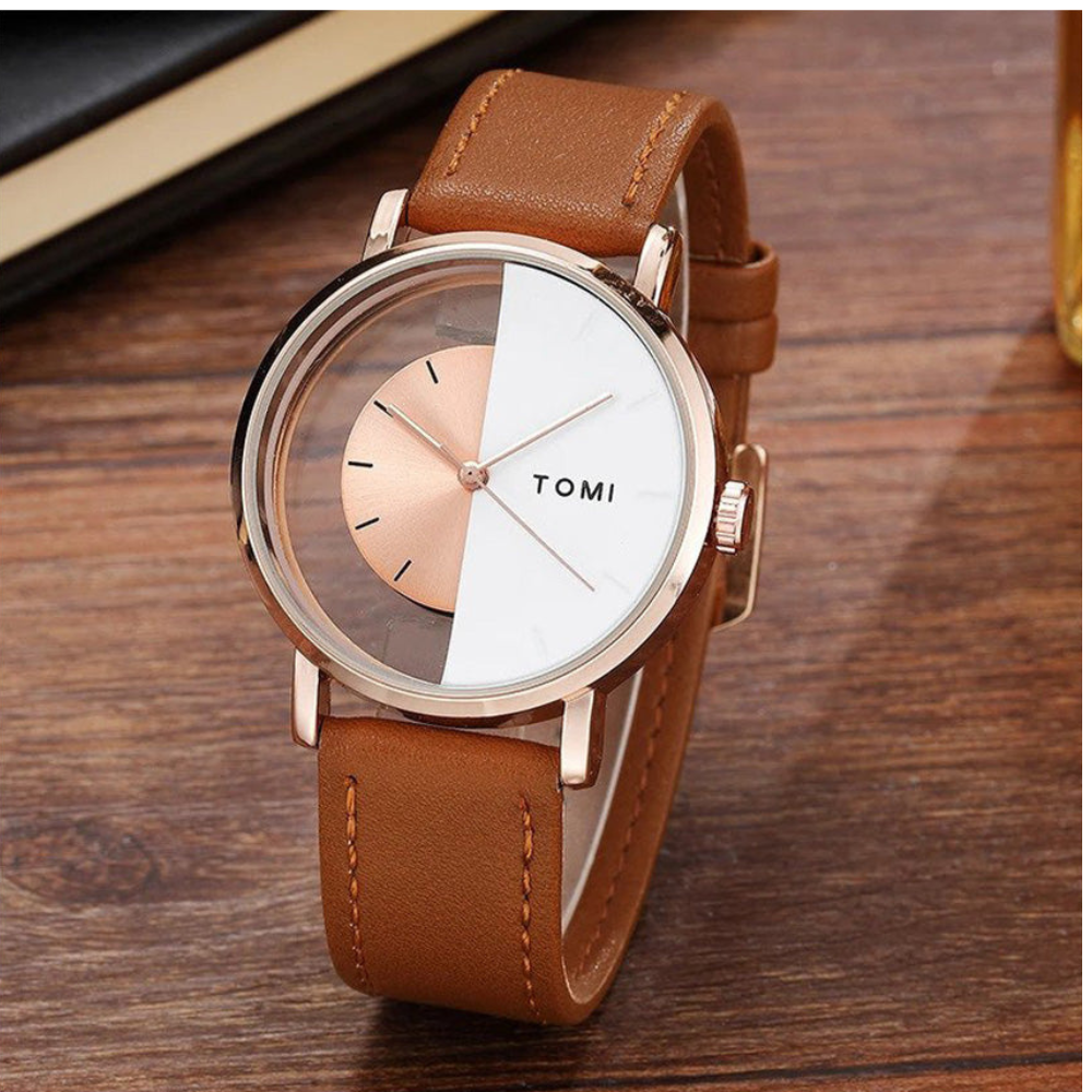 TOMI T-080 Transparent Face Quartz Watch with Leather Strap for Men