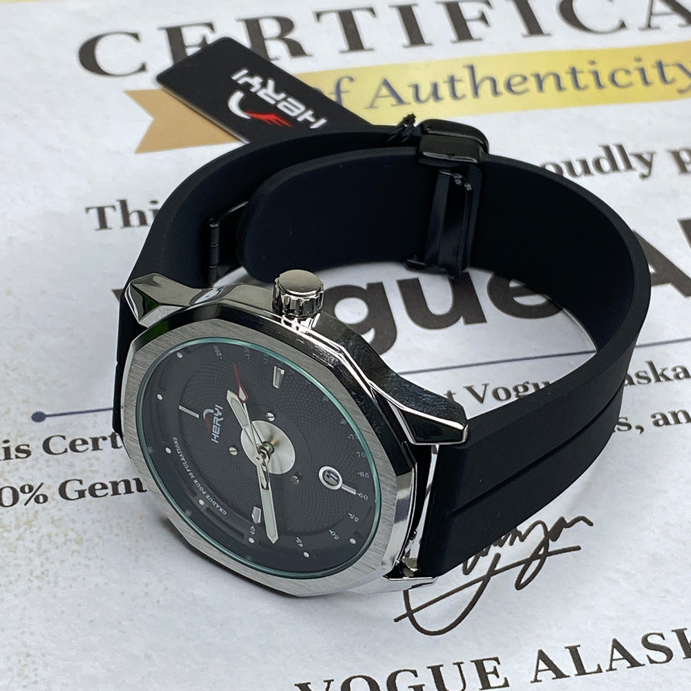 Heyri Octagonal Dial Watch with Magnetic Lock Date Display & Silicone Strap for Men