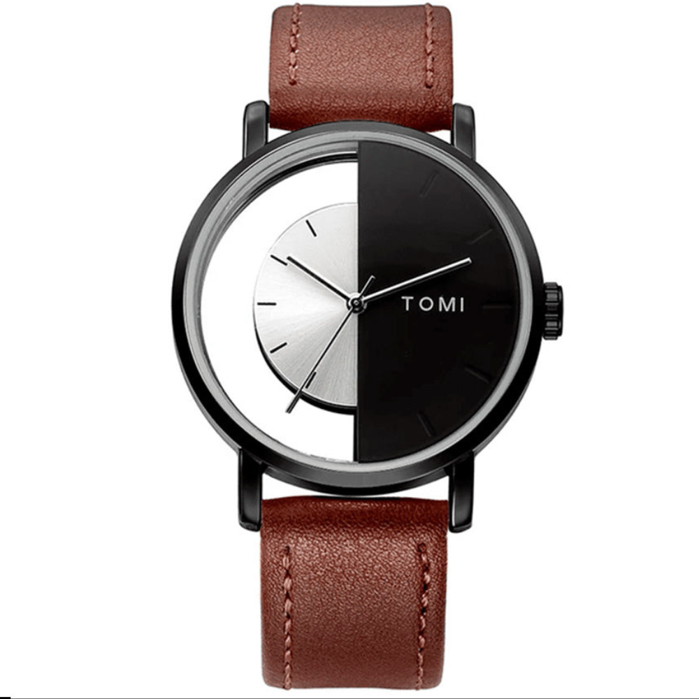 TOMI T-080 Transparent Face Quartz Watch with Leather Strap for Men