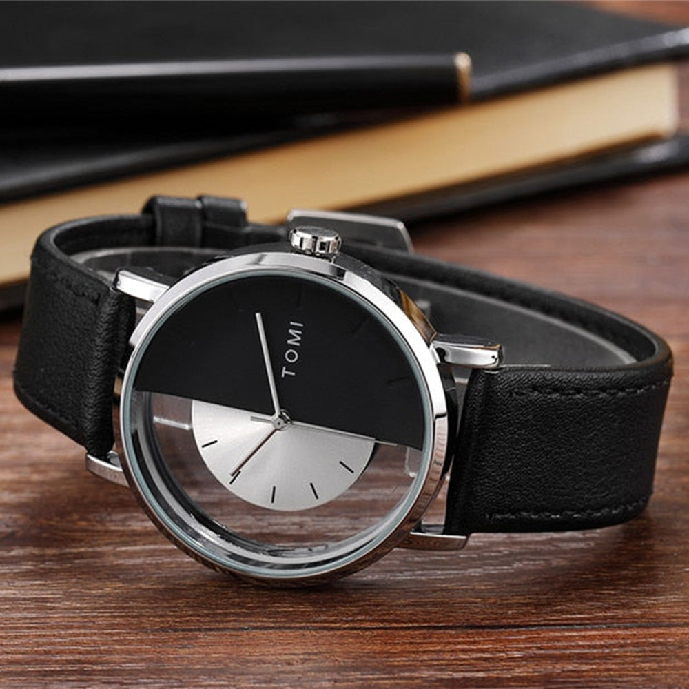 TOMI T-080 Transparent Face Quartz Watch with Leather Strap for Men