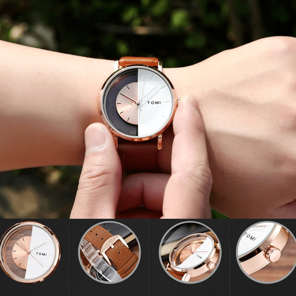 TOMI T-080 Transparent Face Quartz Watch with Leather Strap for Men