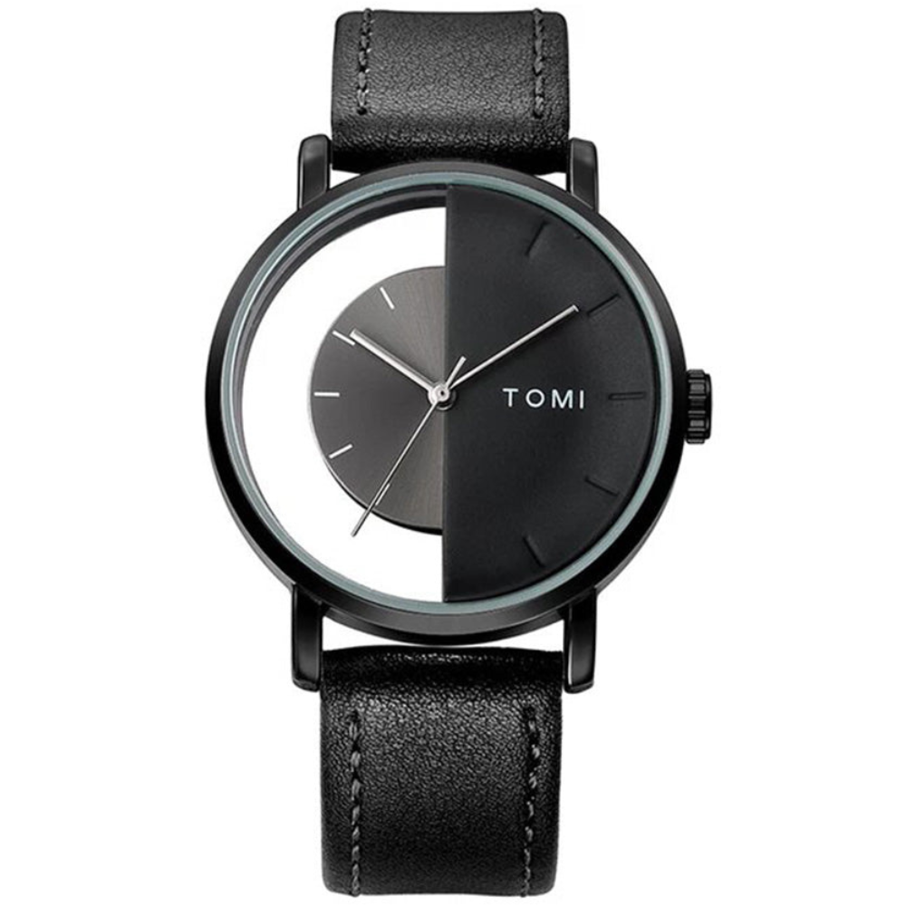 TOMI T-080 Transparent Face Quartz Watch with Leather Strap for Men