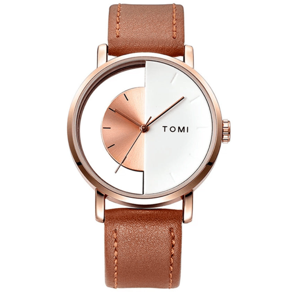 TOMI T-080 Transparent Face Quartz Watch with Leather Strap for Men