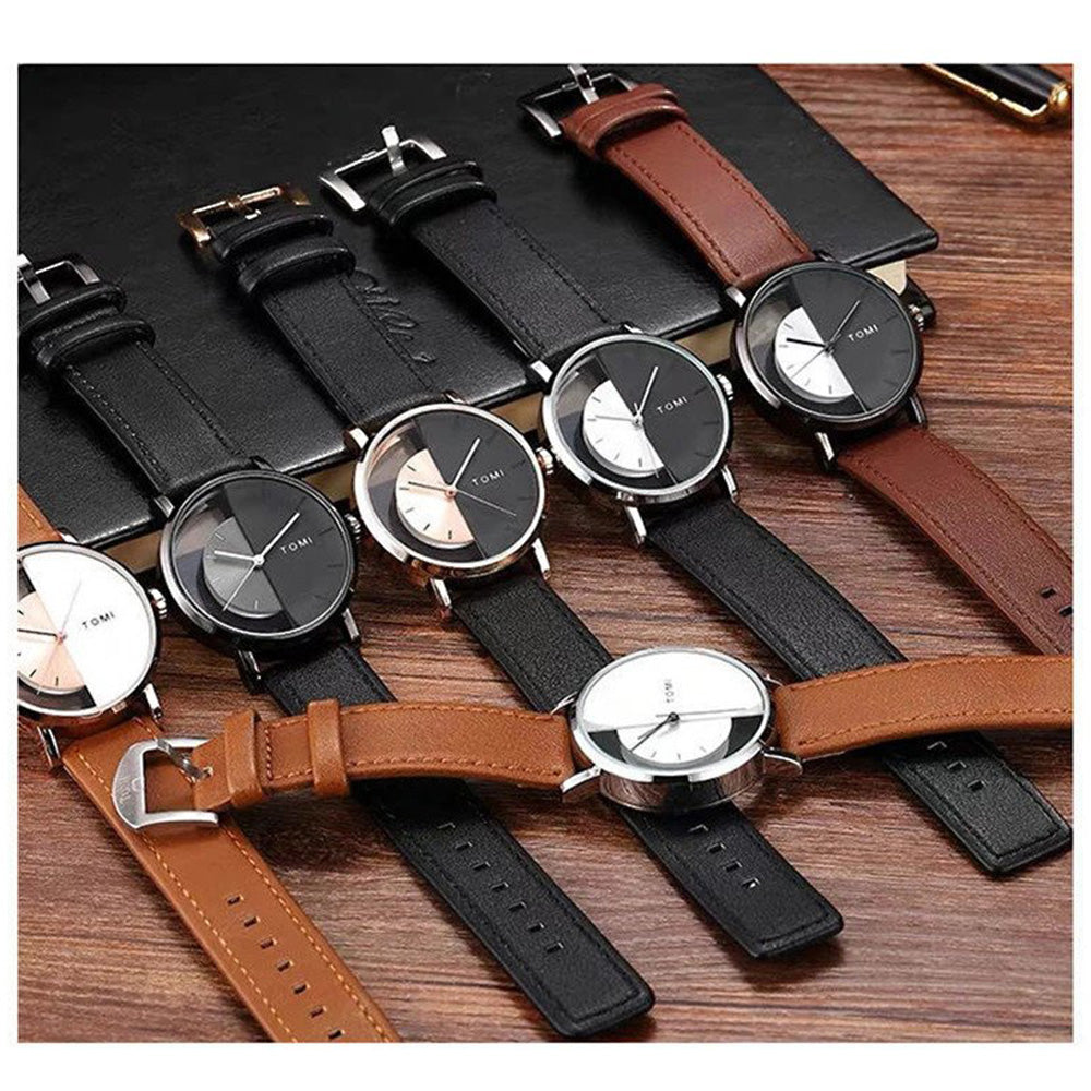 TOMI T-080 Transparent Face Quartz Watch with Leather Strap for Men
