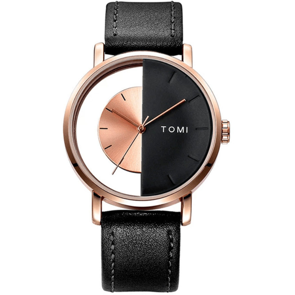 TOMI T-080 Transparent Face Quartz Watch with Leather Strap for Men