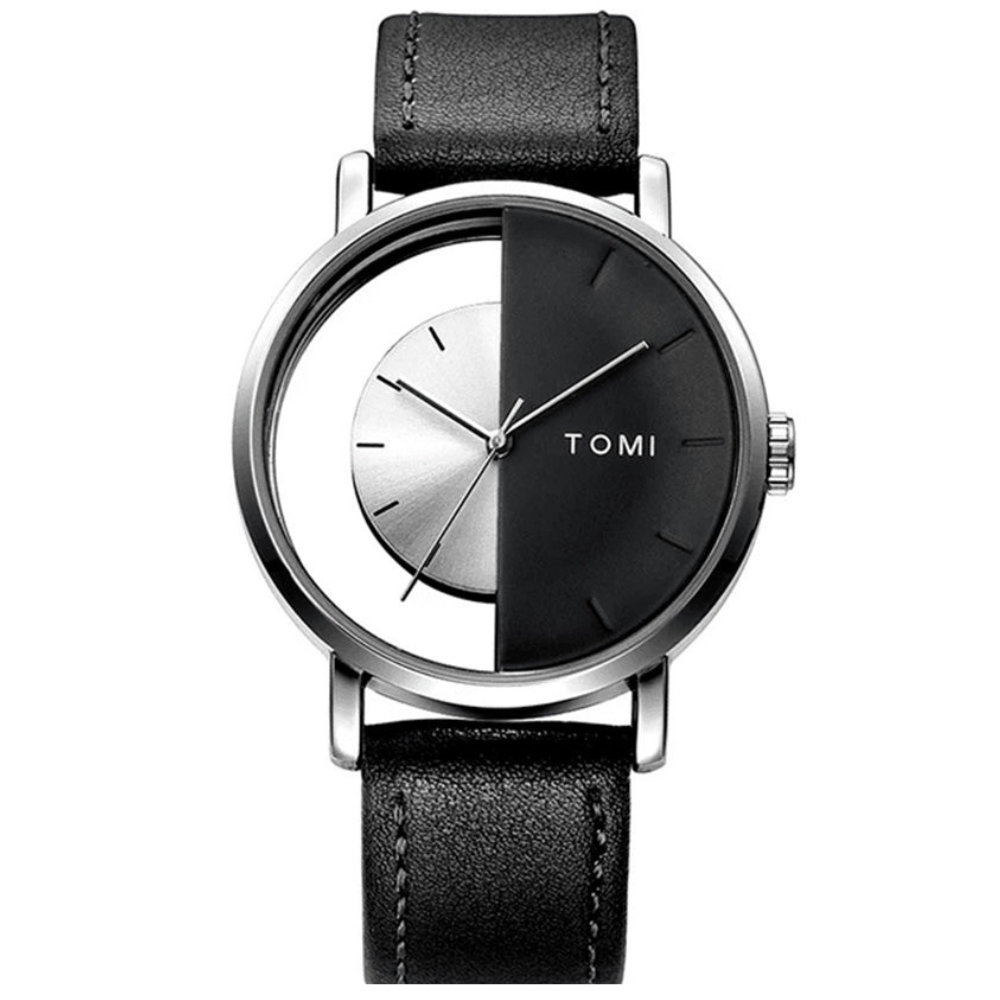 TOMI T-080 Transparent Face Quartz Watch with Leather Strap for Men