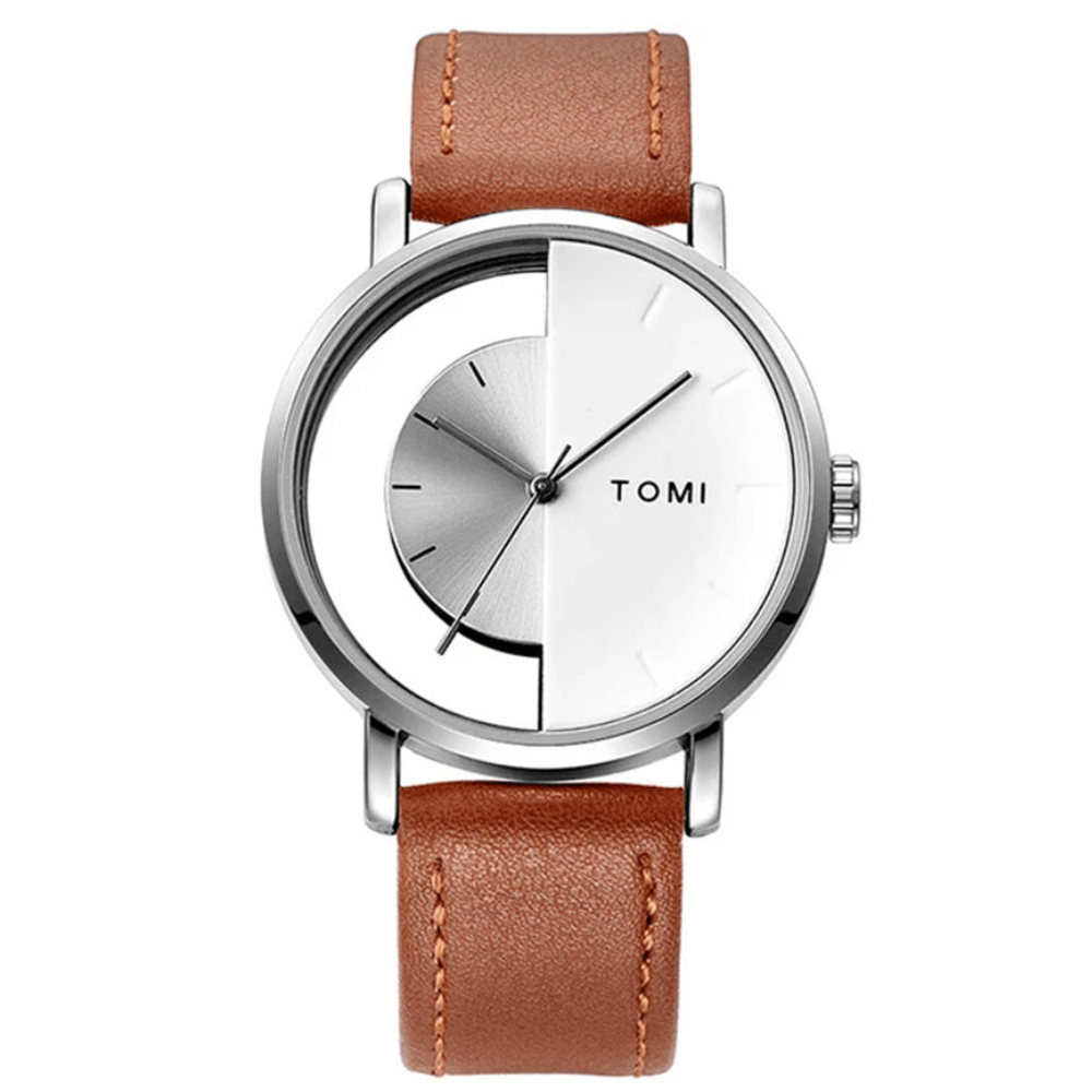 TOMI T-080 Transparent Face Quartz Watch with Leather Strap for Men