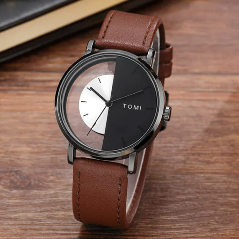 TOMI T-080 Transparent Face Quartz Watch with Leather Strap for Men