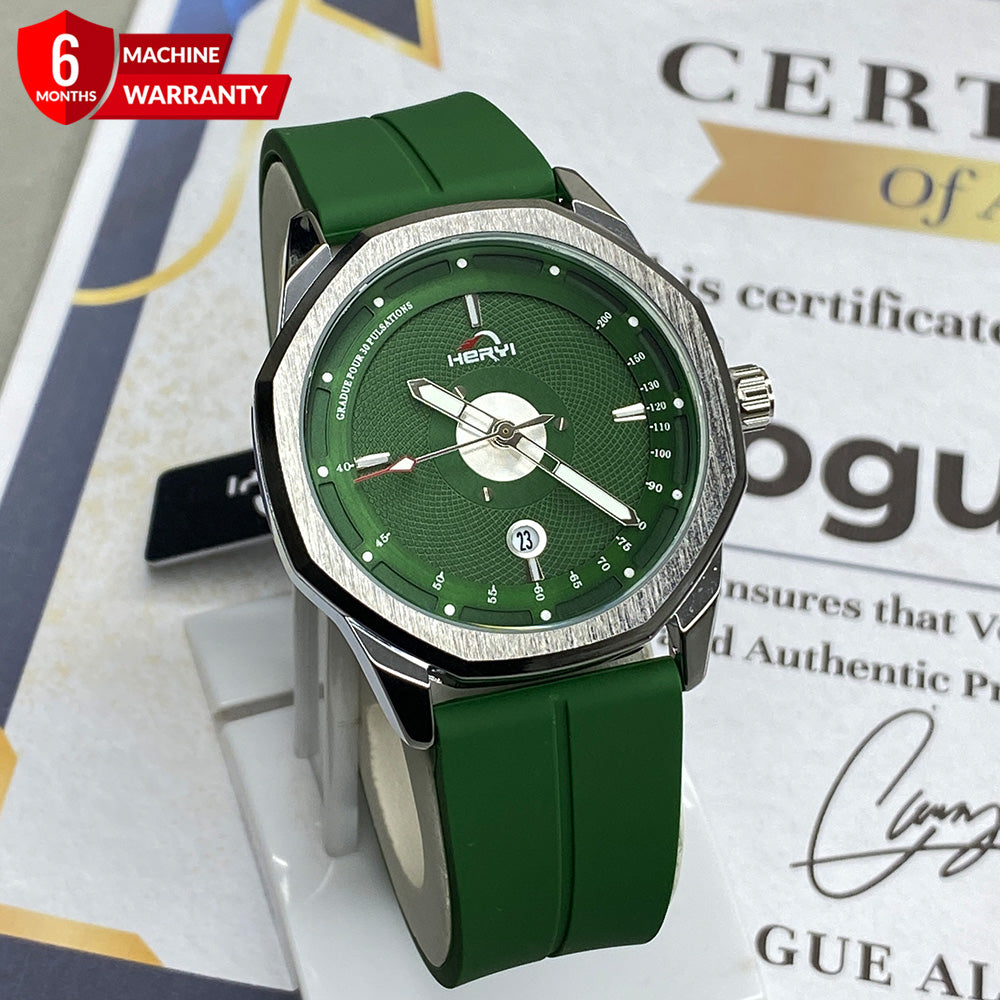 Heyri Octagonal Dial Watch with Magnetic Lock Date Display & Silicone Strap for Men